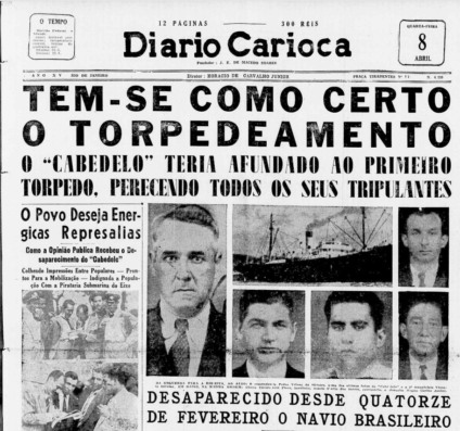 A imagem reproduz a capa do Diário Carioca, de 8 de abril de 1942, da coleção da Biblioteca Nacional