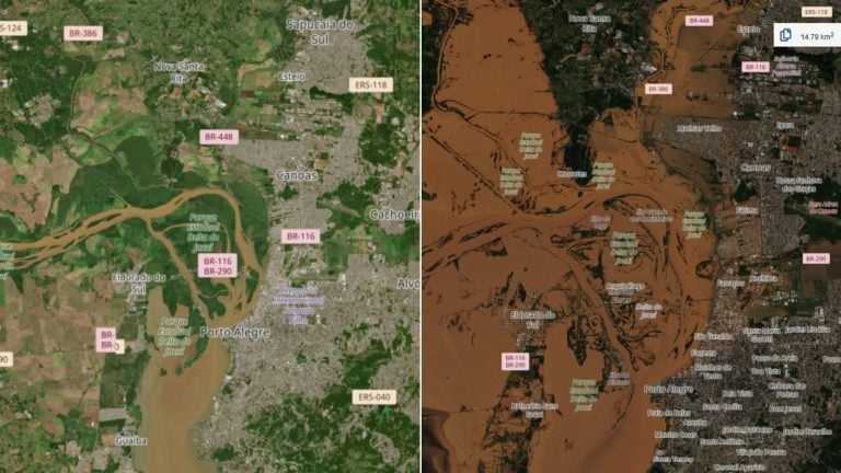 Veja antes e depois de Porto Alegre. Imagem: Reprodução/Jornal da Noite
