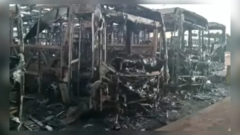 Incêndio destrói cinco ônibus em garagem de empresa no Portal do Sol