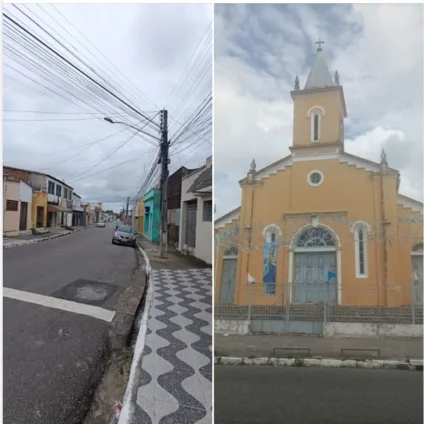 Foto: Rua São Miguel, a partir da Praça do Trabalho (da Pedra), e a Igreja de Nossa Senhora da Conceição.