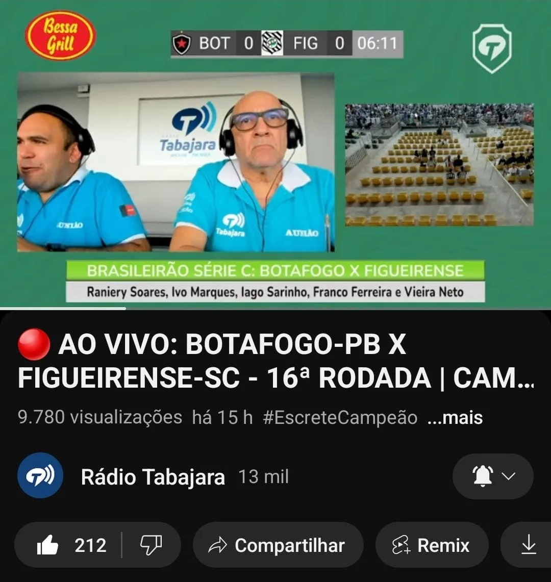 Rádio Tabajara é líder em audiência na cobertura do jogo Botafogo-PB e Figueirense; veja os números