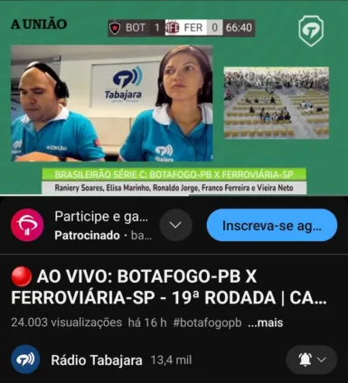 Rádio Tabajara tem mais que o triplo de audiência da segunda colocada na cobertura do jogo Botafogo-PB x Ferroviária-SP; veja os números