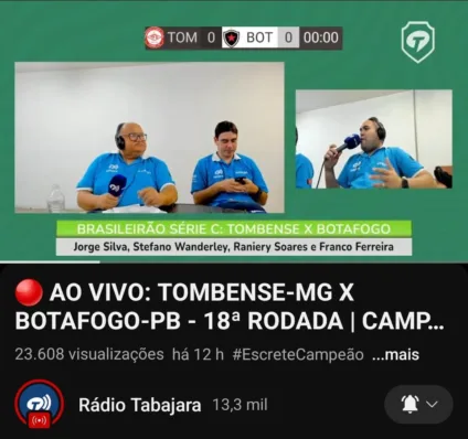 Rádio Tabajara é líder de audiência no jogo entre Tombense-MG x Botafogo-PB - VEJA OS NÚMEROS