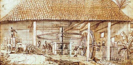 A imagem do engenho colonial é uma aquarela sobre papel com traços de carvão, Frans Post, 1640. Domínio público, Museu Real de Belas Artes de Bruxelas