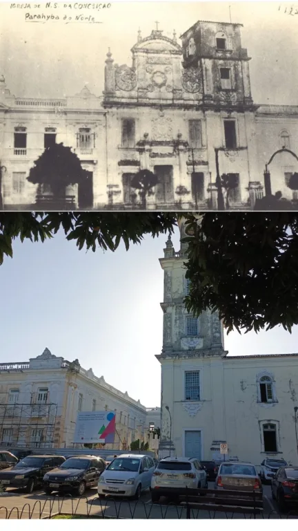 Na foto de cima, o conjunto jesuítico ainda com a Igreja da Conceição. Abaixo, imagem atual, com o jardim do palácio e a torre da velha igreja.