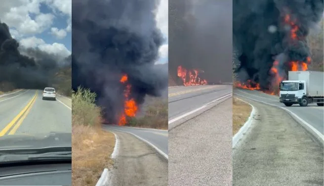 Caminhão com combustível pega fogo na BR-230 e rodovia é totalmente interditada