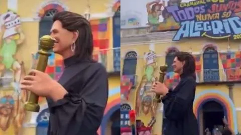 Fernanda Torres ganha boneco gigante segurando Globo de Ouro no Carnaval de Olinda